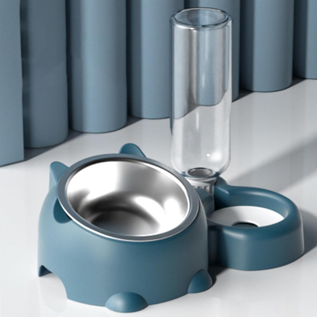 Cat & Dog Food And Water Bowl Set - 16 Degree Tilted Dish With Water Dispenser, Removable