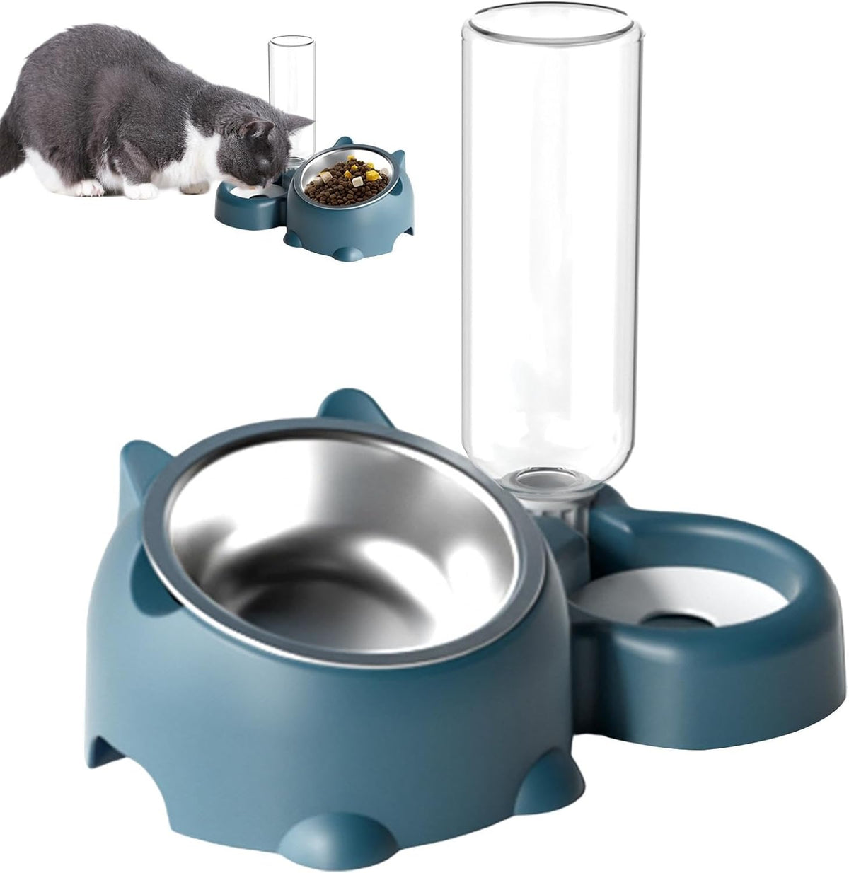 Cat & Dog Food And Water Bowl Set - 16 Degree Tilted Dish With Water Dispenser, Removable