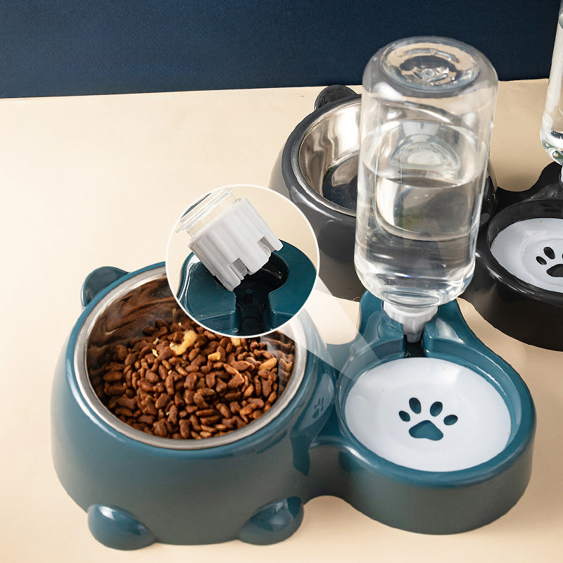 Cat & Dog Food And Water Bowl Set - 16 Degree Tilted Dish With Water Dispenser, Removable