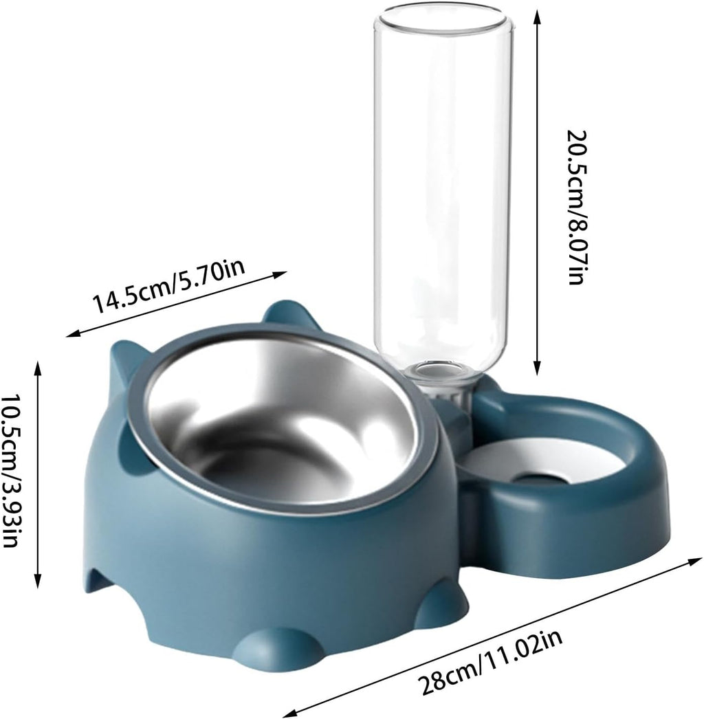 Cat & Dog Food And Water Bowl Set - 16 Degree Tilted Dish With Water Dispenser, Removable