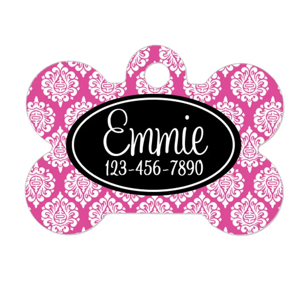 Pet Name Tag - Black Pink Damask Custom Tag | Personalized ID Tag for Collar