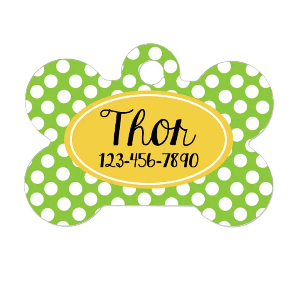 Lime Green & Yellow Pet Name Tag | Custom Pet ID Tag - Polka Dots