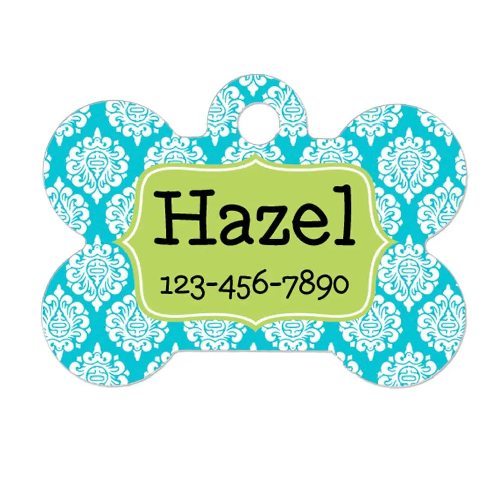 Pet Name Tag | Aqua Lime Custom Collar Tag - Tag Damask Pattern