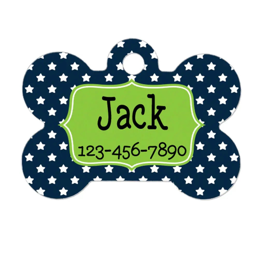 Pet Name Tag | Stars Dog & Cat Pet Tag | Navy Blue & Lime Green Personalized Pet Tag