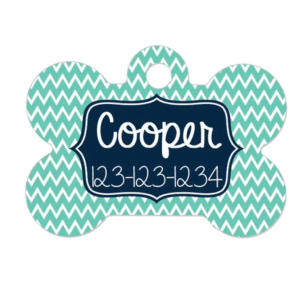 Pet Name Tag | Mint Navy Custom Collar Tag - Tag Chevron Pattern